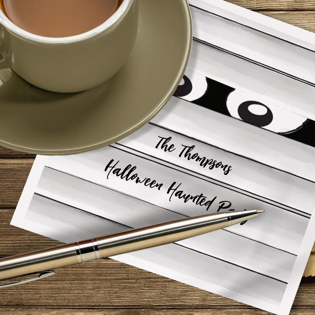 Spooky Halloween Party Mummy Custom Napkins (Black and White Halloween Mummy Personalized Cocktail Napkins.)