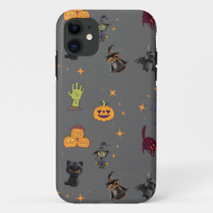 Spooky Halloween Pattern with Black Cats, Pumpkins iPhone 11 Case