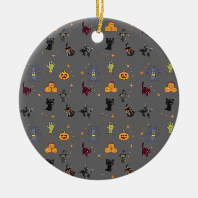 Spooky Halloween Pattern with Black Cats, Pumpkins Ceramic Ornament (Front)
