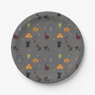 Spooky Halloween Pattern with Black Cats, Pumpkins Paper Plates