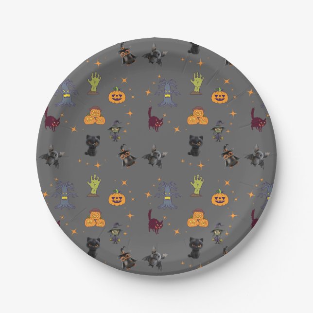 Spooky Halloween Pattern with Black Cats, Pumpkins Paper Plates (Front)