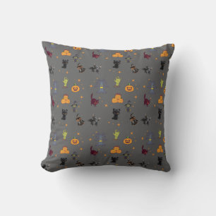 Spooky Halloween Pattern with Black Cats, Pumpkins Throw Pillow