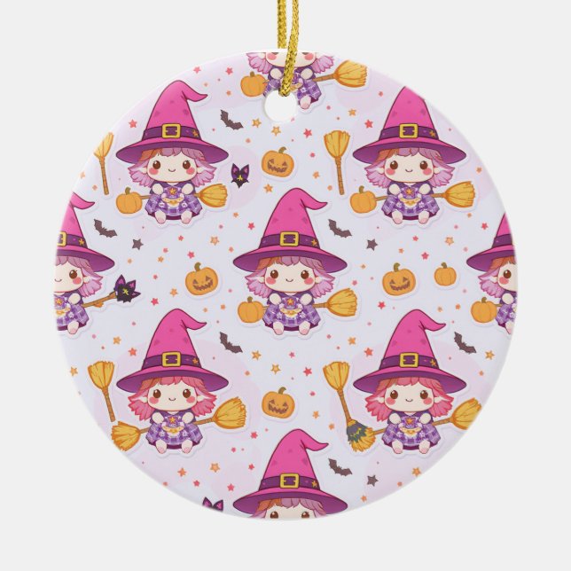 Spooky Halloween Pattern with Pumpkins and witch  Ceramic Ornament (Front)