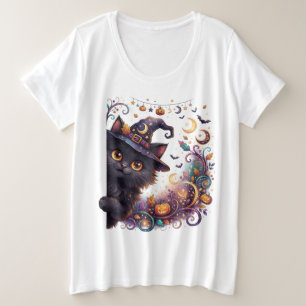 Spooky Halloween, Peeking Black Cat Plus Size T-Shirt