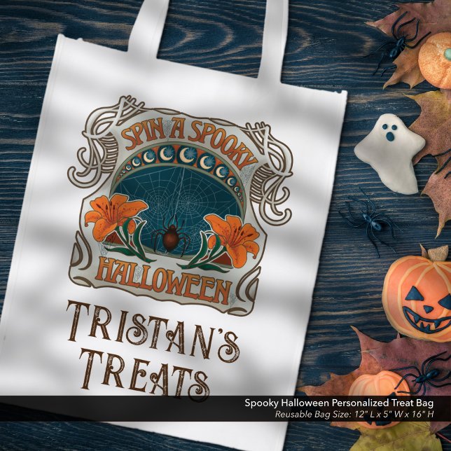 Spooky Halloween Personalized Treat Reusable Bag (Spin a Spooky Halloween Trick-or-Treat Bag: Personalized with Your Name - White)