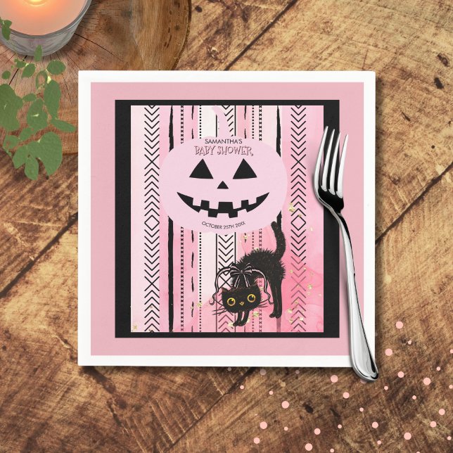 Spooky Halloween Pink and Black Stripes Pumpkin  Napkins (Spooky Halloween Pink and Black Stripes Pumpkin Napkins)
