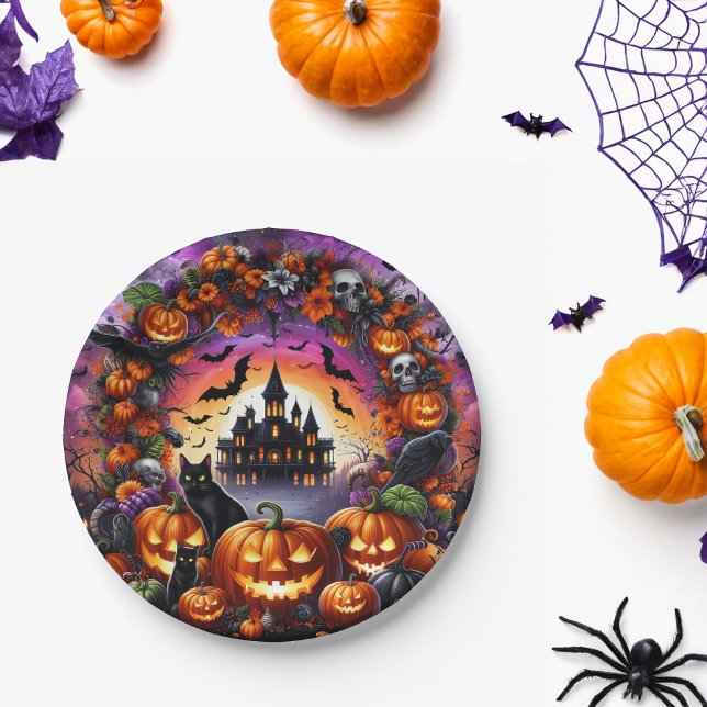 Spooky Halloween Plates Pumpkins and Haunted House (Creator Uploaded)