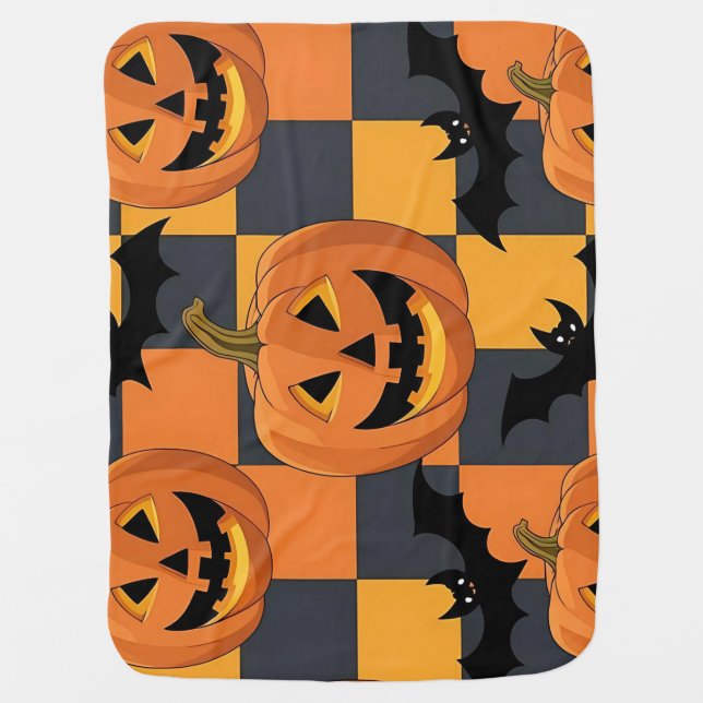 Spooky Halloween Pumpkin and Bat Pattern Baby Blanket (Front)