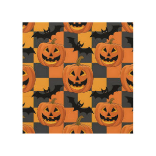 Spooky Halloween Pumpkin and Bat Pattern Wood Wall Art
