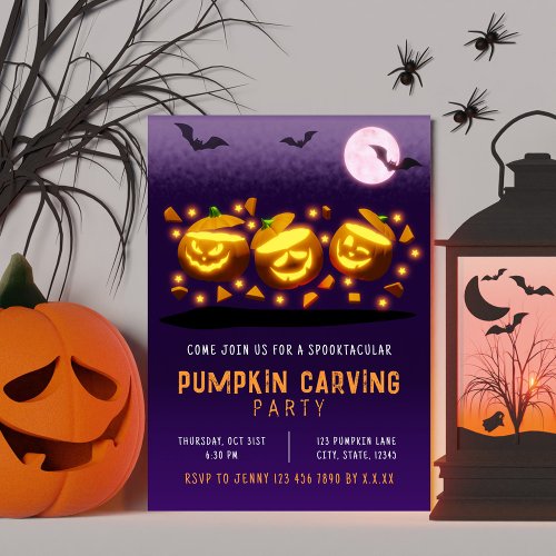 Spooky Halloween Pumpkin Carving Orange  Purple Invitation