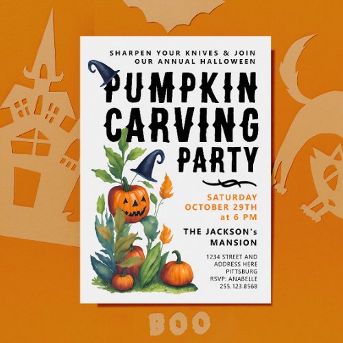 Spooky Halloween Pumpkin Carving Party Watercolor Invitation