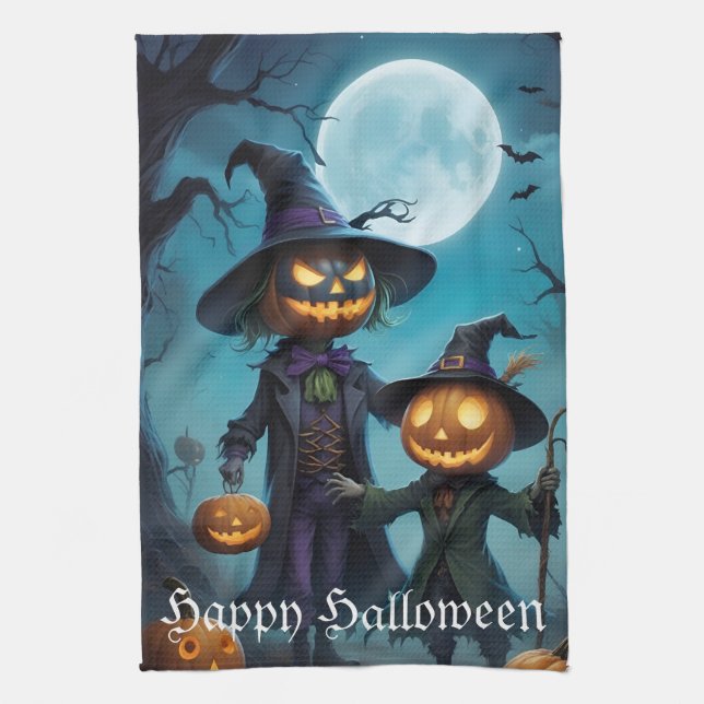 Spooky Halloween Pumpkin Duo Kitchen Towel (Vertical)