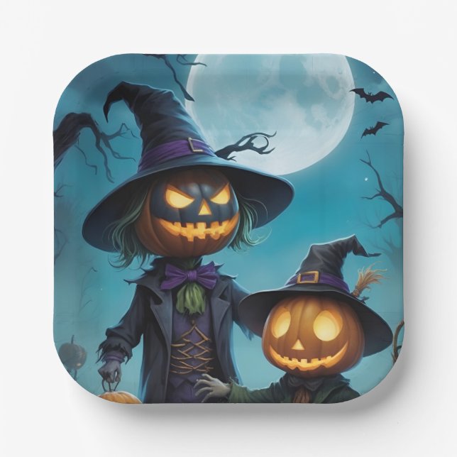 Spooky Halloween Pumpkin Duo Paper Plates (Front)