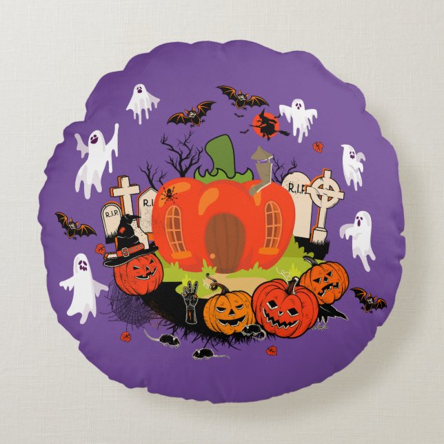 Spooky Halloween Pumpkin Graveyard Scene Round Pillow (Front)
