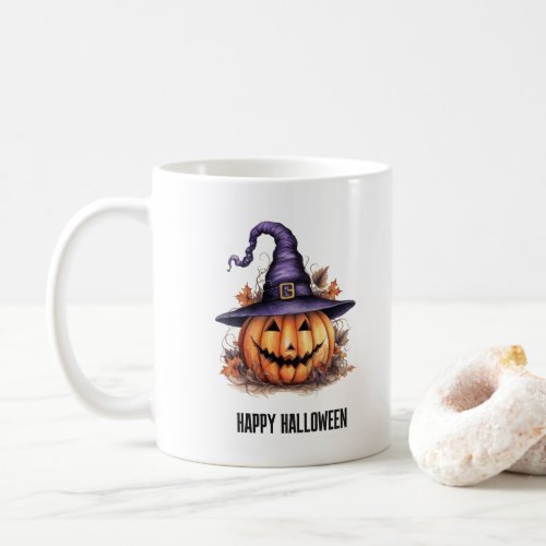 Spooky Halloween Pumpkin In a Purple Hat Coffee Mug