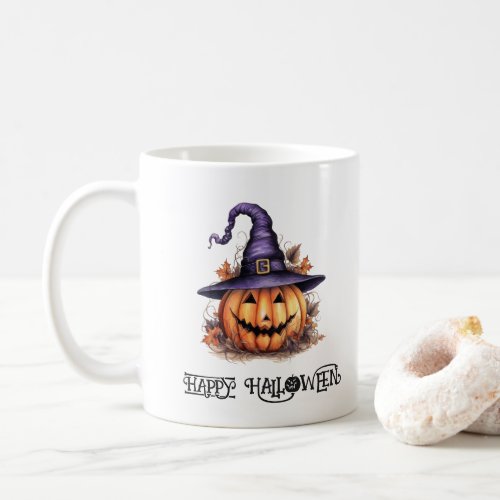 Spooky Halloween Pumpkin In a Purple Hat Coffee Mug