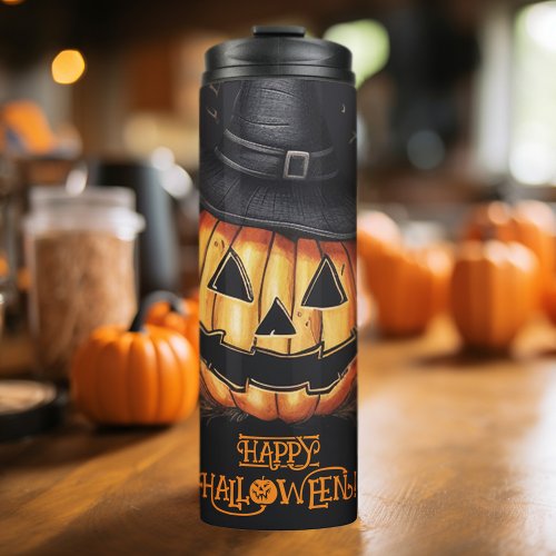 Spooky Halloween Pumpkin Jack O Lantern Thermal Tumbler