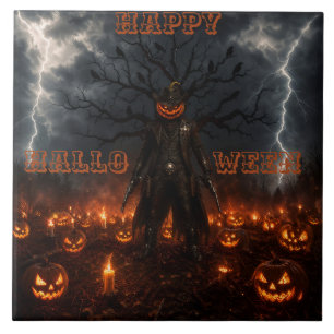 Spooky Halloween Pumpkin Sheriff Cowboy Lightning Ceramic Tile