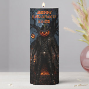 Spooky Halloween Pumpkin Sheriff Cowboy Lightning Pillar Candle
