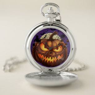 Spooky Halloween Pumpkin Silver Pocket Watch 🎃