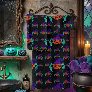 Spooky Halloween Pumpkin Spider And Witch Hat Art Bath Towel Set