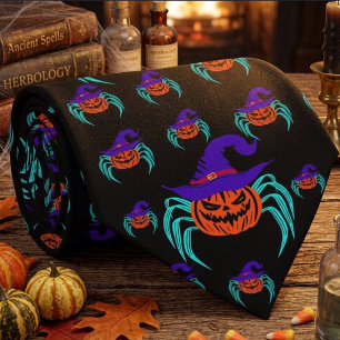 Spooky Halloween Pumpkin Spider And Witch Hat Art Neck Tie