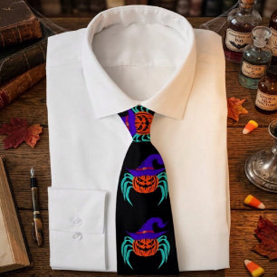 Spooky Halloween Pumpkin Spider And Witch Hat Art Neck Tie