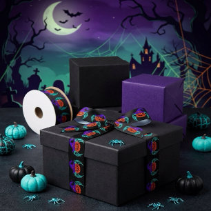 Spooky Halloween Pumpkin Spider And Witch Hat Art Satin Ribbon