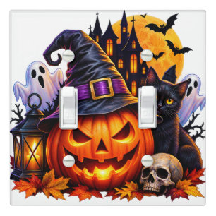 Spooky Halloween Pumpkin Witch Hat Double Toggle Light Switch Cover