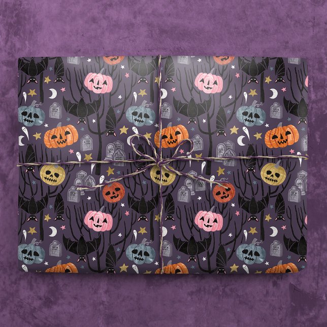 Spooky Halloween Pumpkins, Bats, and Tombstones Wrapping Paper (Gift Mockup)