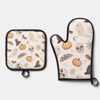 Spooky Halloween Pumpkins & Ghosts Oven Mitt & Pot Holder Set
