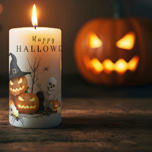 Spooky Halloween Pumpkins Skeletons Witch Hat Pillar Candle