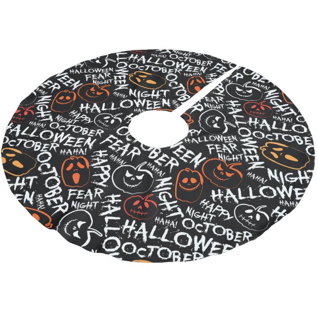 Spooky Halloween pumpkins words tiled pattern Brushed Polyester Tree Skirt (Angled)