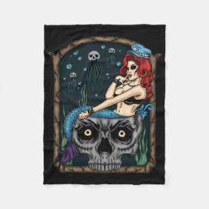 Spooky Halloween Punk Goth Skull Mermaid Fleece Blanket