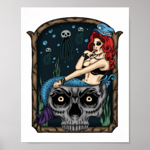 Spooky Halloween Punk Goth Skull Mermaid Poster