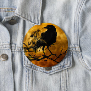 Spooky Halloween Raven in Dead Tree Button