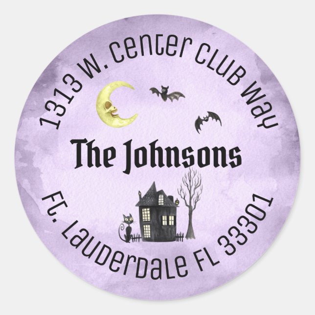 Spooky Halloween Round Purple Address Labels (Front)