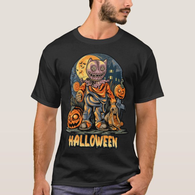 Spooky Halloween Scarecrow Trick-or-Treater T-Shirt (Front)