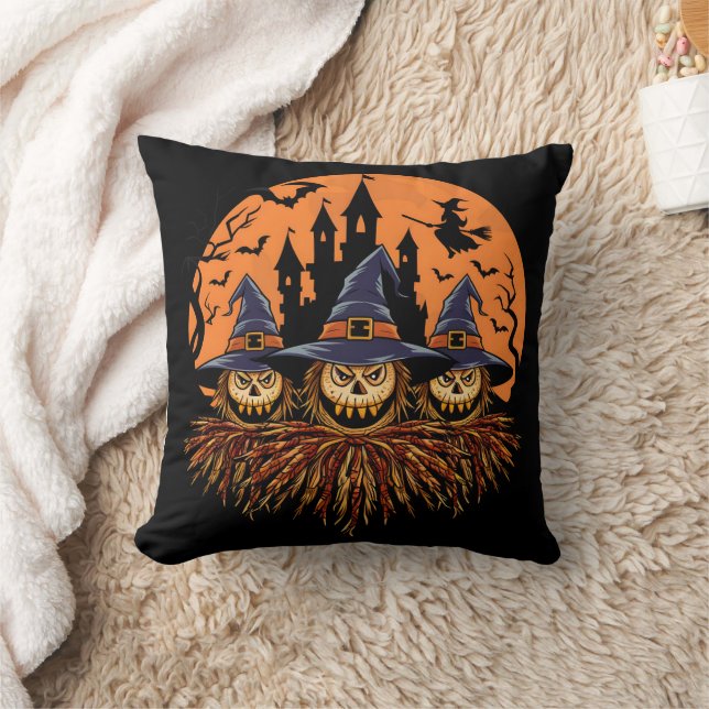 Spooky Halloween scarecrow trio at twilight Throw Pillow (Blanket)