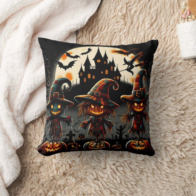 Spooky Halloween scarecrows guarding the graveyard Throw Pillow (Blanket)