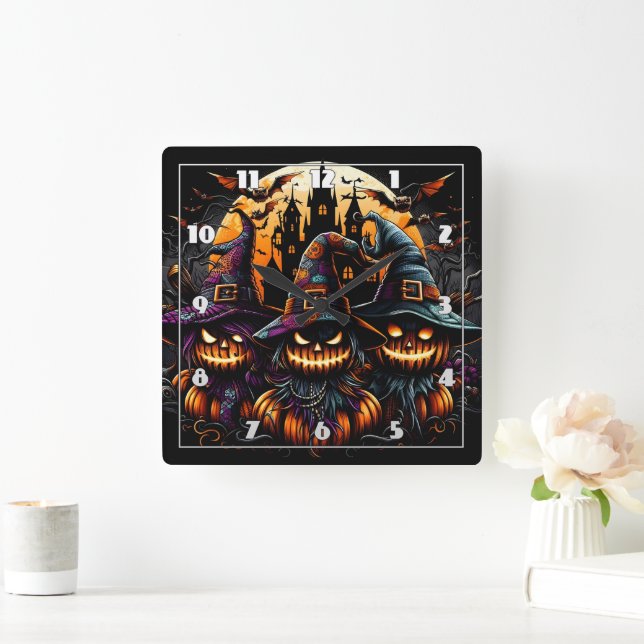 Spooky Halloween scarecrows under a haunted moon Square Wall Clock (Home)