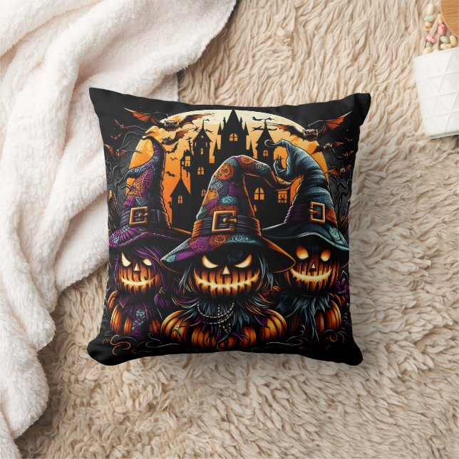 Spooky Halloween scarecrows under a haunted moon Throw Pillow (Blanket)