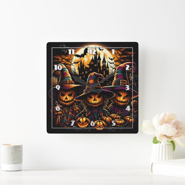 Spooky Halloween scarecrows with glowing pumpkins Square Wall Clock (Home)