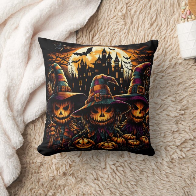 Spooky Halloween scarecrows with glowing pumpkins Throw Pillow (Blanket)