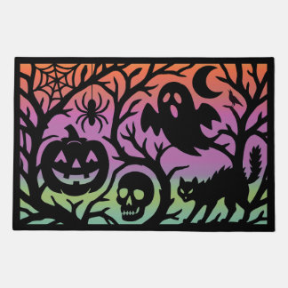 Spooky Halloween Scene Doormat Ghost, Black Cat,