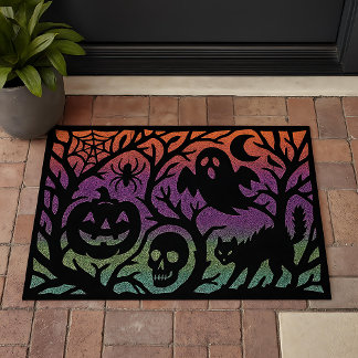 Spooky Halloween Scene Doormat Ghost, Black Cat, Fiber Doormat