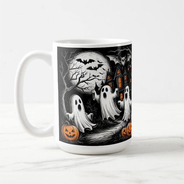 Spooky Halloween Scene with Ghosts Coffee Mug (Left)