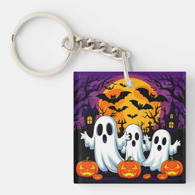Spooky Halloween Scene with Ghosts Keychain (Front)