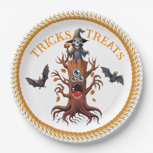 Spooky Halloween Shaman On Tree Stump Paper Plates