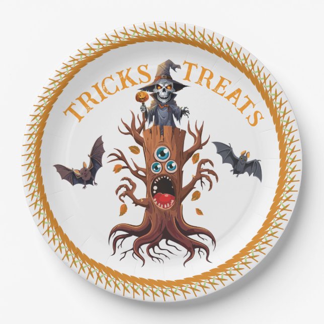 Spooky Halloween Shaman On Tree Stump Paper Plates (Front)